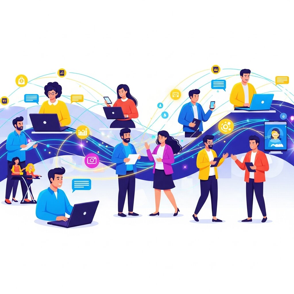 People connected online and offline, symbolizing a thriving customer community.