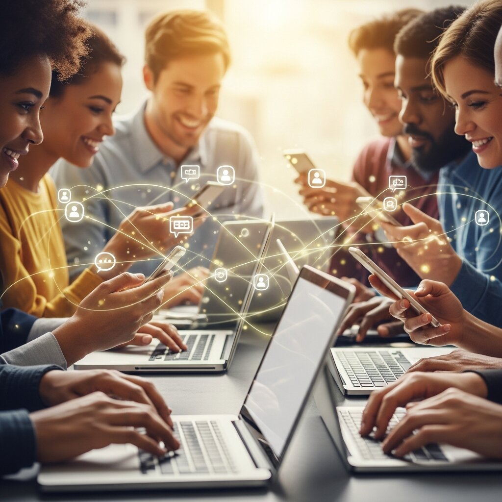 People connected with devices and icons, showing WOM momentum.