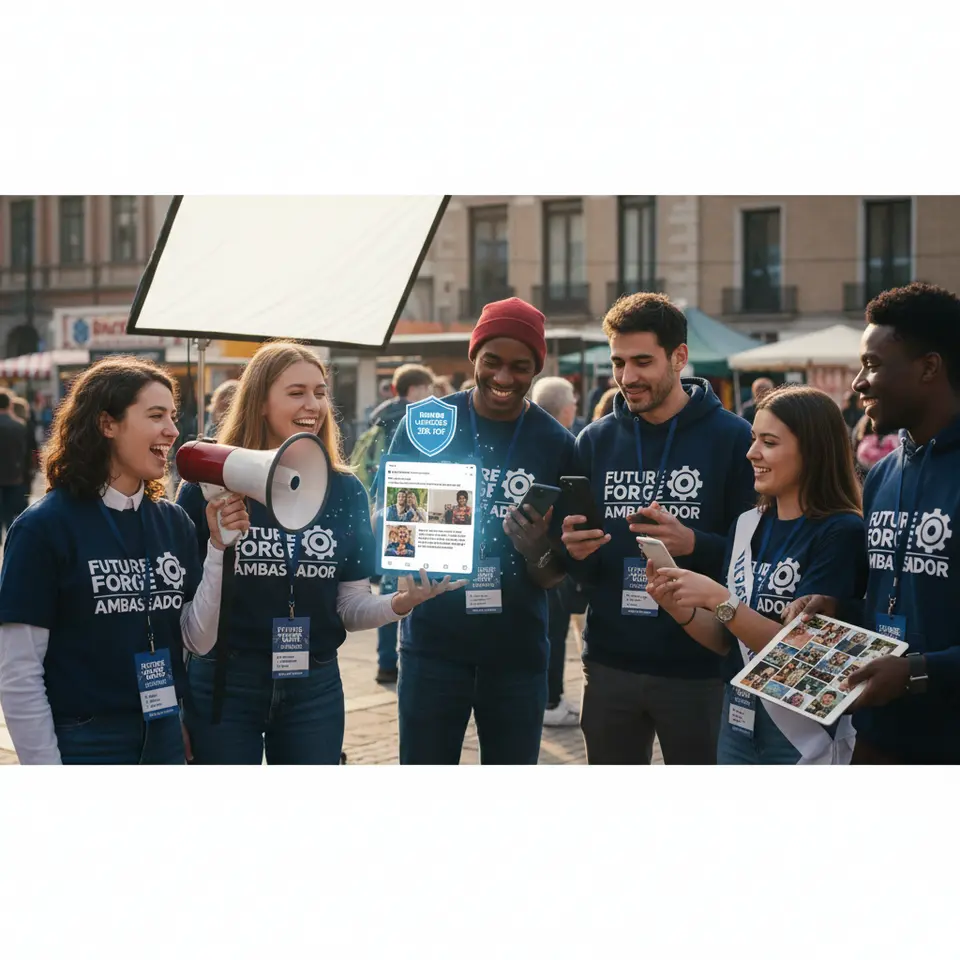 Ambassador Program in Action: a dynamic scene with super-fan ambassadors wearing branded swag, holding megaphones or smartphones, sharing user-generated photos and testimonials across social feeds, and being rewarded with badges or discounts, capturing how ambassadors ignite organic word-of-mouth (Section 4.4)