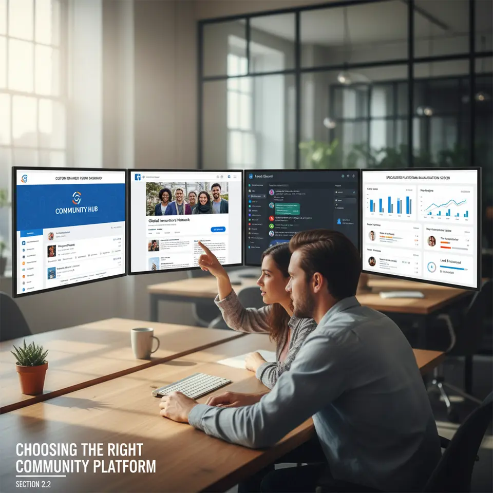 Choosing the Right Community Platform: a split-screen illustration showing four distinct interfaces—a custom branded forum dashboard, a Facebook/LinkedIn group page, a Slack/Discord chat window, and a specialized platform analytics/gamification screen—to visualize the decision process of selecting the optimal community home (Section 2.2)