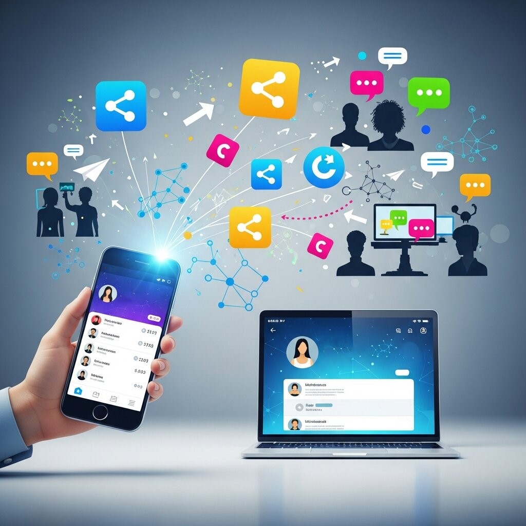 Devices with social sharing icons and people collaborating online