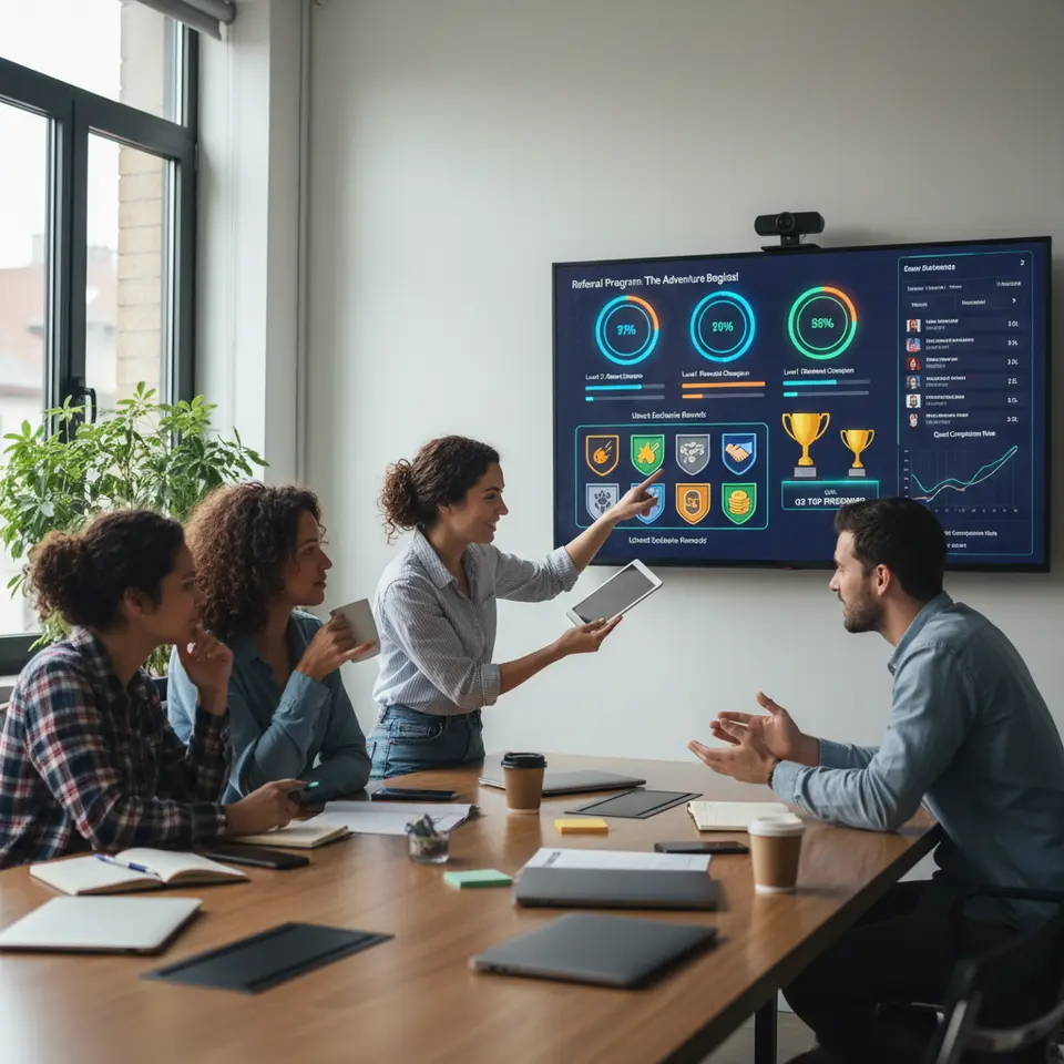 A sleek marketing gamification dashboard featuring colorful point counters, progress bars, levels, badges, virtual trophies and a dynamic leaderboard—visualizing how game mechanics like challenges and quests transform a referral program into an interactive experience.