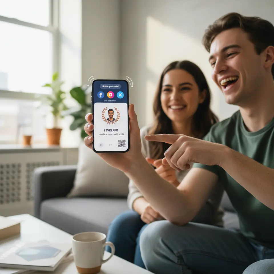 A modern smartphone screenshot showcasing effortless social sharing: one-click Facebook, Twitter and Instagram icons, an auto-generated shareable graphic with user avatar and badge, a unique QR code overlay and a push-notification prompt encouraging users to broadcast their achievement.