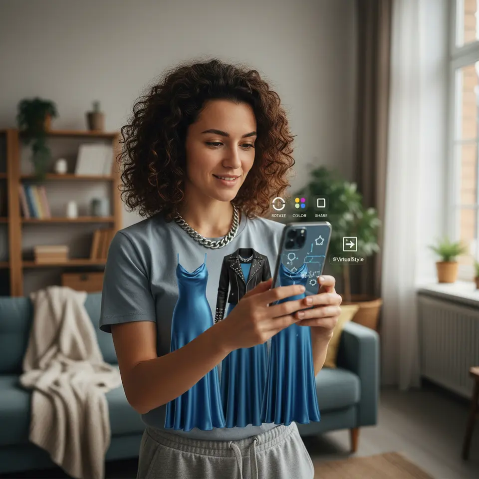 Virtual Try-Ons in Retail Environments: A user stands in a living room holding a smartphone, and the screen shows realistic 3D clothing items—dresses, jackets, accessories—overlaid onto their body in real time. Include interactive UI icons for rotating, color-swapping, and a share button with branded hashtag.