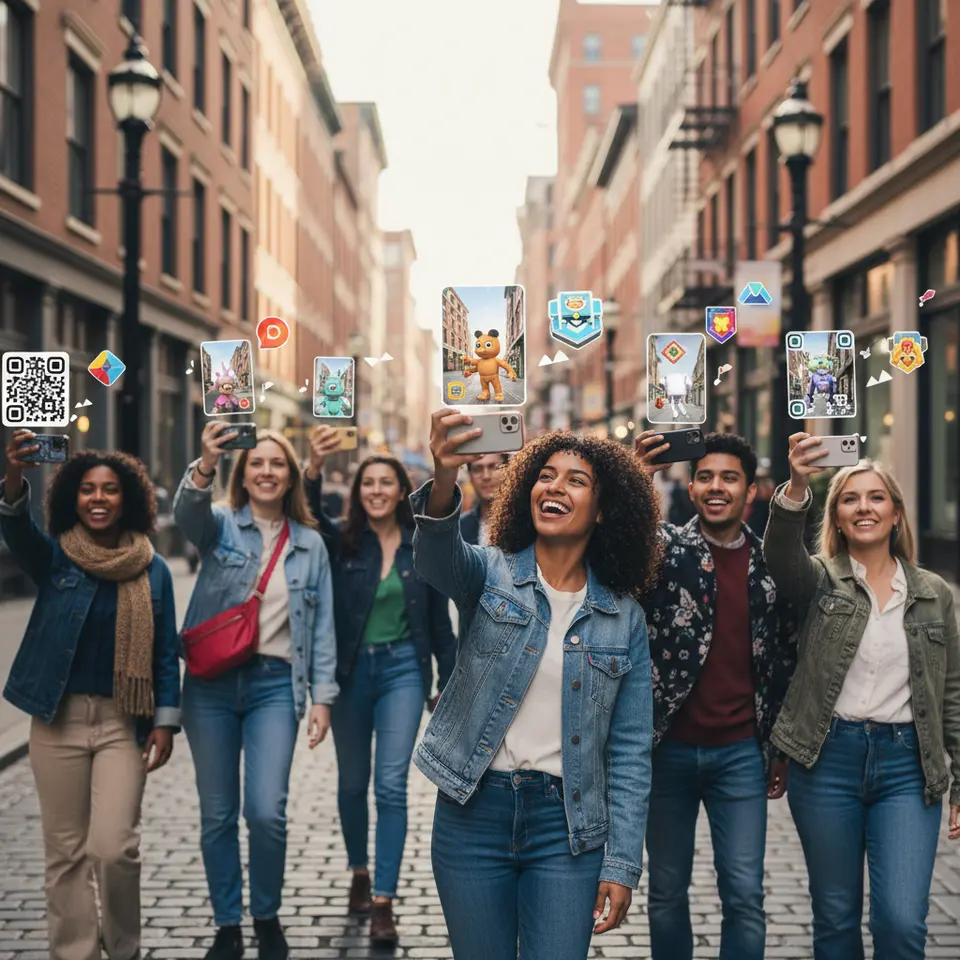 Event Activation Through Geolocated AR Games: Festival attendees roam a city street scanning QR codes on lamp posts with their phones. On screen, vibrant 3D characters, digital badges, and custom filters appear against urban architecture, while participants take selfies that display animated overlays and event-specific logos.