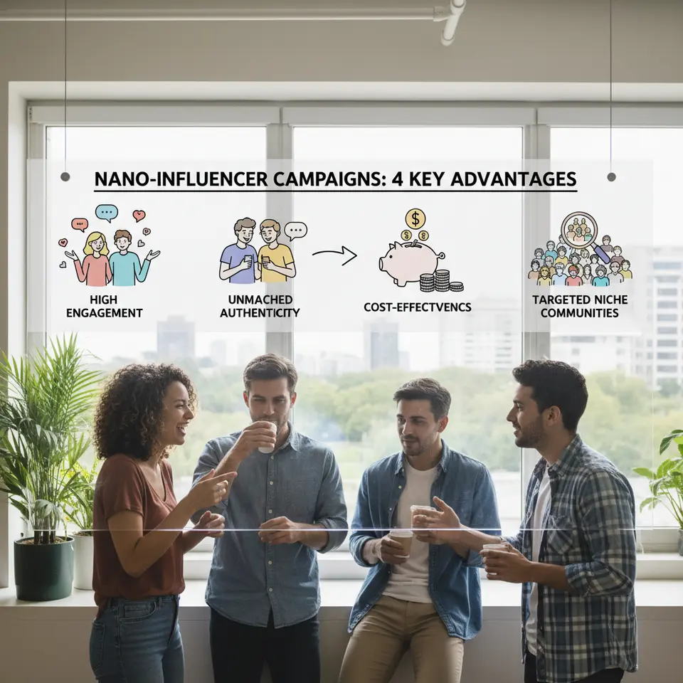 Infographic showcasing the four key advantages of nano-influencer campaigns: high engagement (speech bubbles and heart icons), unmatched authenticity (friend-to-friend recommendation motif), cost-effectiveness (piggy bank or coin stack), and targeted niche communities (magnifying glass highlighting micro-segments).