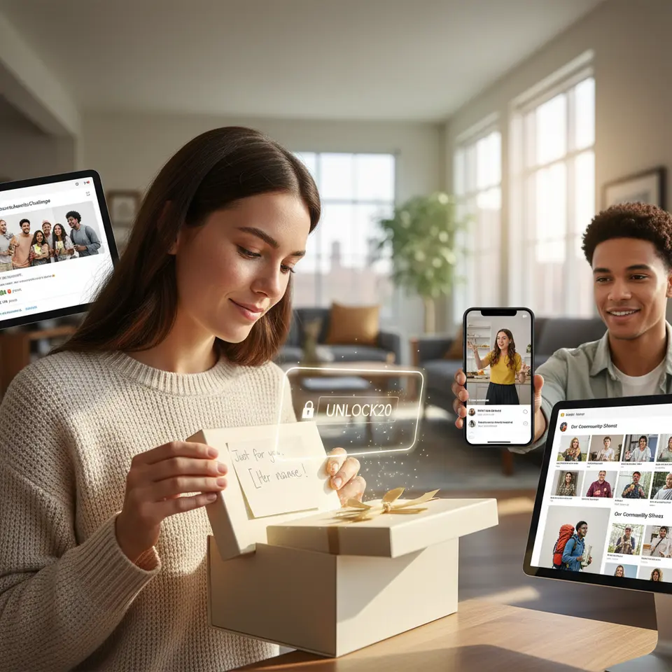 Dynamic collage of campaign tactics: a personalized gift box with handwritten note being unboxed, overlayed exclusive promo code visuals, a branded hashtag challenge on a social feed, an influencer hosting a live takeover on mobile, and user-generated content being featured on a brand’s page.