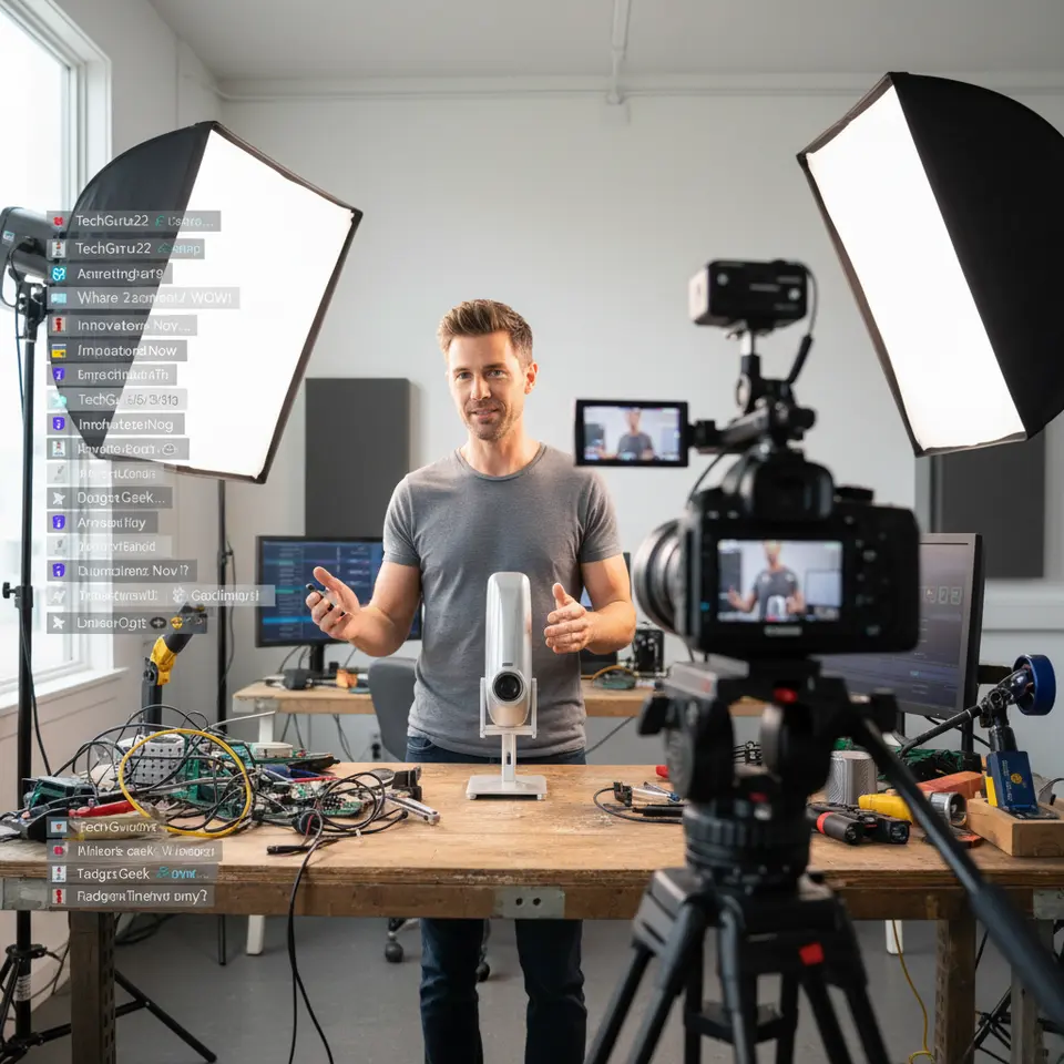 A behind-the-scenes live‐stream setup in a bright studio: a host demonstrating a new product on camera with an open workbench, visible lighting and camera equipment, and a semi-transparent overlay of live chat comments popping up on the screen to illustrate transparency and real-time engagement.