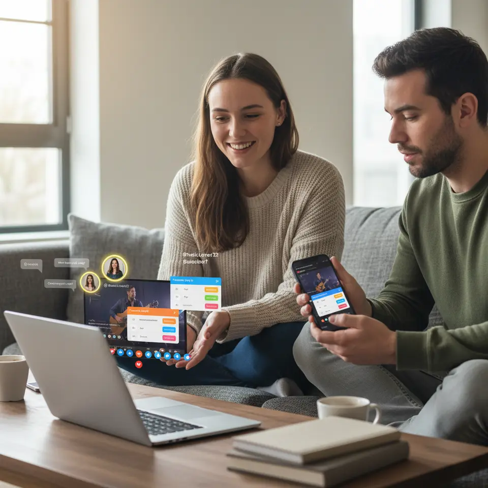 A dynamic live‐stream interface mockup on a laptop and smartphone: colorful poll widgets, real-time Q&A text bubbles floating over the video, highlighted user avatars for shout-outs, and engagement icons (hearts, thumbs-up) to showcase interactive features driving audience participation.