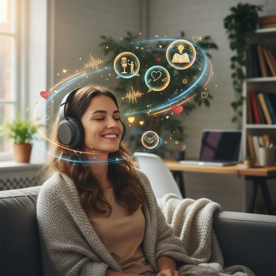 Emotional Connection Through Audio Storytelling – A close-up of a person wearing headphones, eyes closed in rapture, as colorful sound waves spiral around them forming miniature story scenes (an interview mic, a heartfelt anecdote bubble, a lightbulb moment), with subtle heart icons to illustrate empathy and emotional resonance.