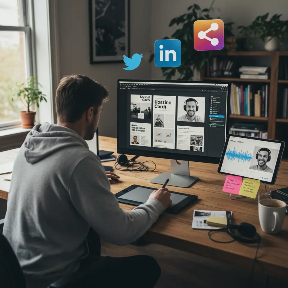 Creating Co-Promotion Assets – A graphic designer’s workspace spread: branded social-media card templates, an audiogram waveform overlaid on a guest photo, sample newsletter blurbs on sticky notes, and share icons (Twitter, LinkedIn, Instagram) floating above, conveying a ready-to-use promotional kit for podcast guests.