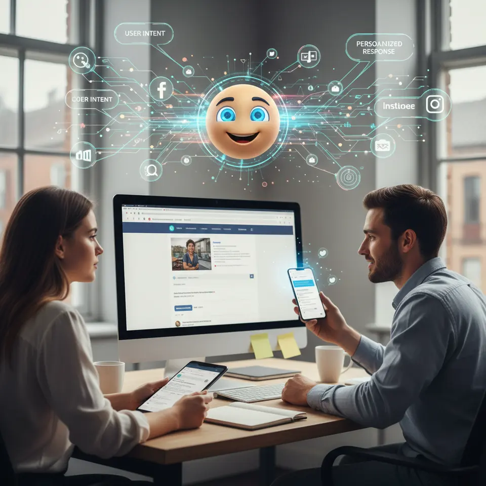 AI Chatbot in Today’s Digital Marketing Ecosystem: A central, friendly chatbot avatar connected by colorful lines to a website browser window, social media icons (Facebook Messenger, Twitter, Instagram), and a mobile messaging app. In the background, stylized neural-network nodes and NLP text bubbles illustrate how the bot decodes user intent, remembers context, and personalizes responses in real time.