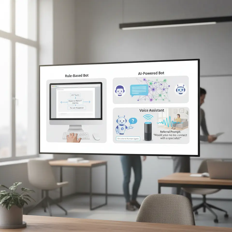 Four-panel graphic illustrating the four chatbot architectures: Panel 1—Rule-Based Bot shows a simple decision-tree flowchart on a website chat window; Panel 2—AI-Powered Bot displays a conversational bubble overlaid with neural network lines; Panel 3—Hybrid Bot depicts a bot icon handing off a chat bubble to a human avatar; Panel 4—Voice Assistant features a smart speaker emitting speech waveforms with a referral prompt.