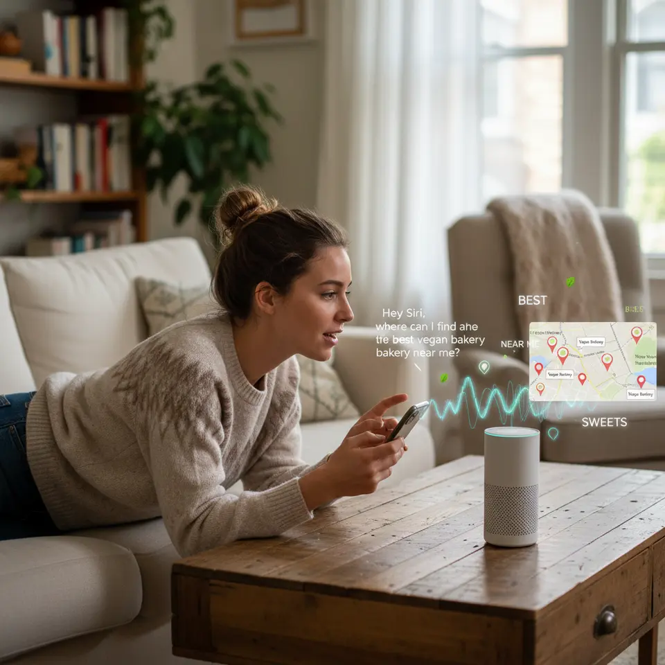 A cozy home scene where a person speaks into a smart speaker and smartphone simultaneously: the user says, “Hey Siri, where can I find the best vegan bakery near me?” A voice waveform emanates from the devices, with an overlay of a local map pinpointing vegan bakery results and question-style keywords floating around.