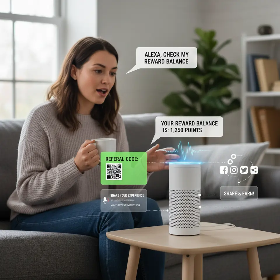 A dynamic illustration of an interactive branded voice app: a customer at home saying, “Alexa, check my reward balance,” with the Alexa device responding. Surrounding the device are visual elements showing a referral code popping up, a microphone icon prompting a voice review submission, and social media share icons—depicting voice-activated rewards, hands-free reviews, and viral word-of-mouth engagement.